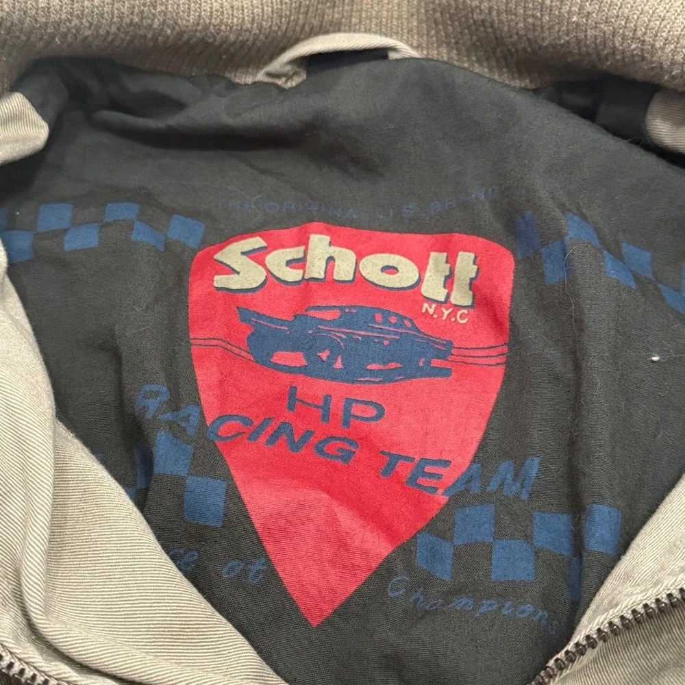 Schott NYC HP Racing Team Bomber Jacket Mens L Olive Green Cotton Twill Zip Up